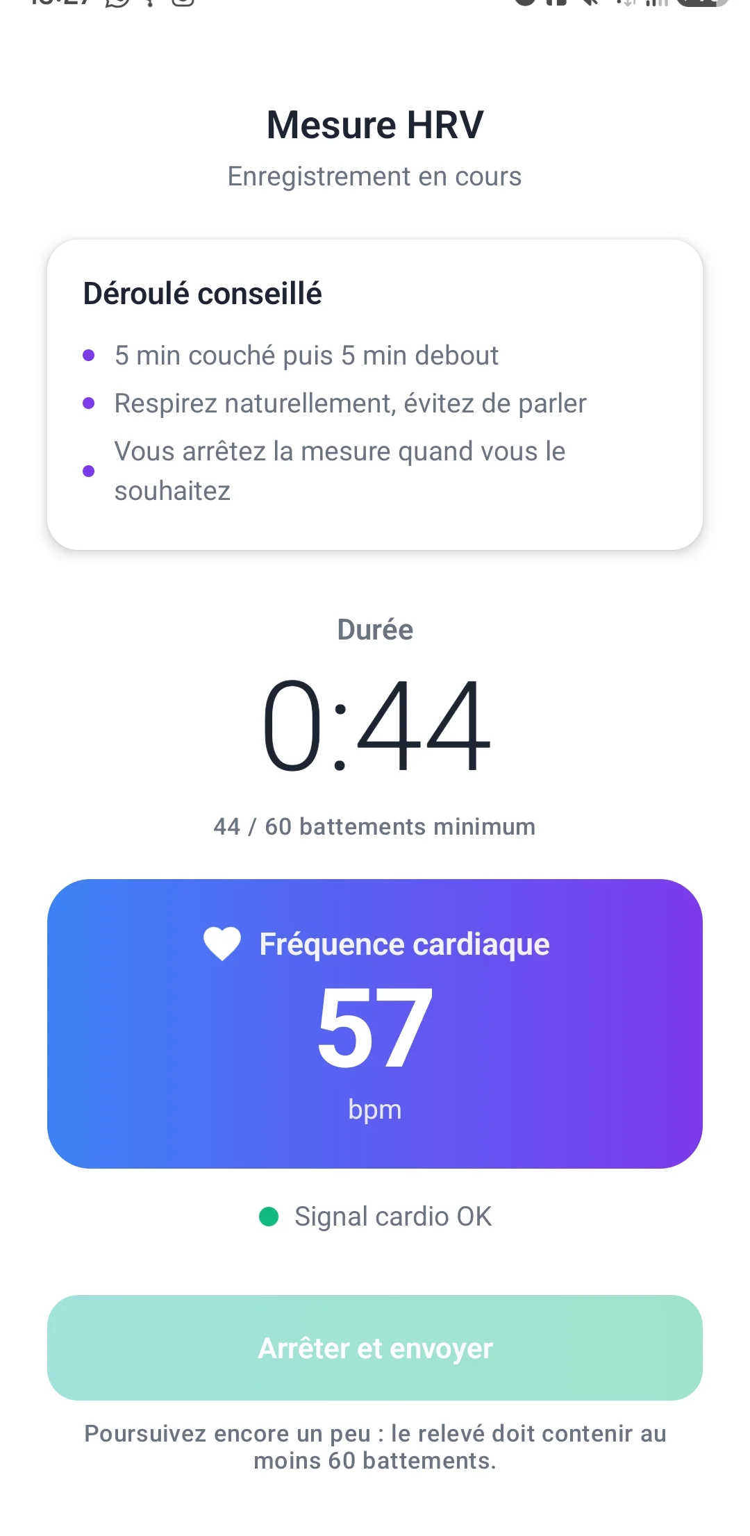 Écran de mesure de HRV Connect : fréquence cardiaque en direct pendant l’enregistrement.