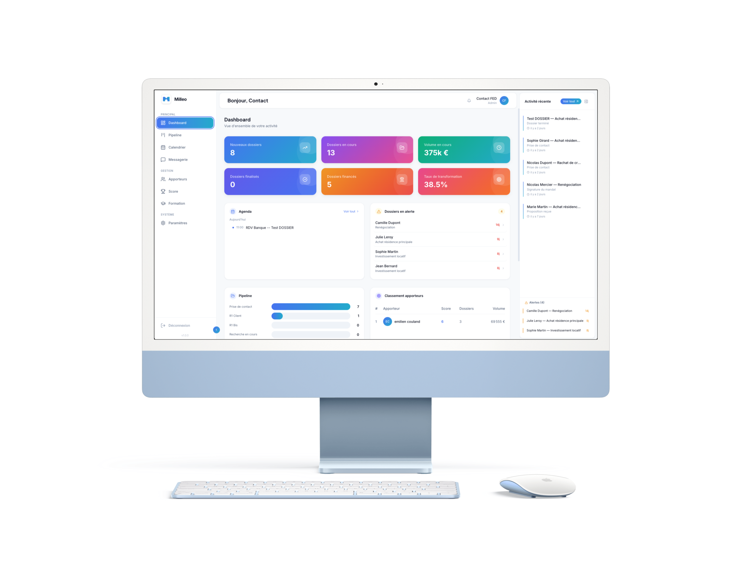 Dashboard Milleo — vue d'ensemble avec KPIs, agenda et alertes