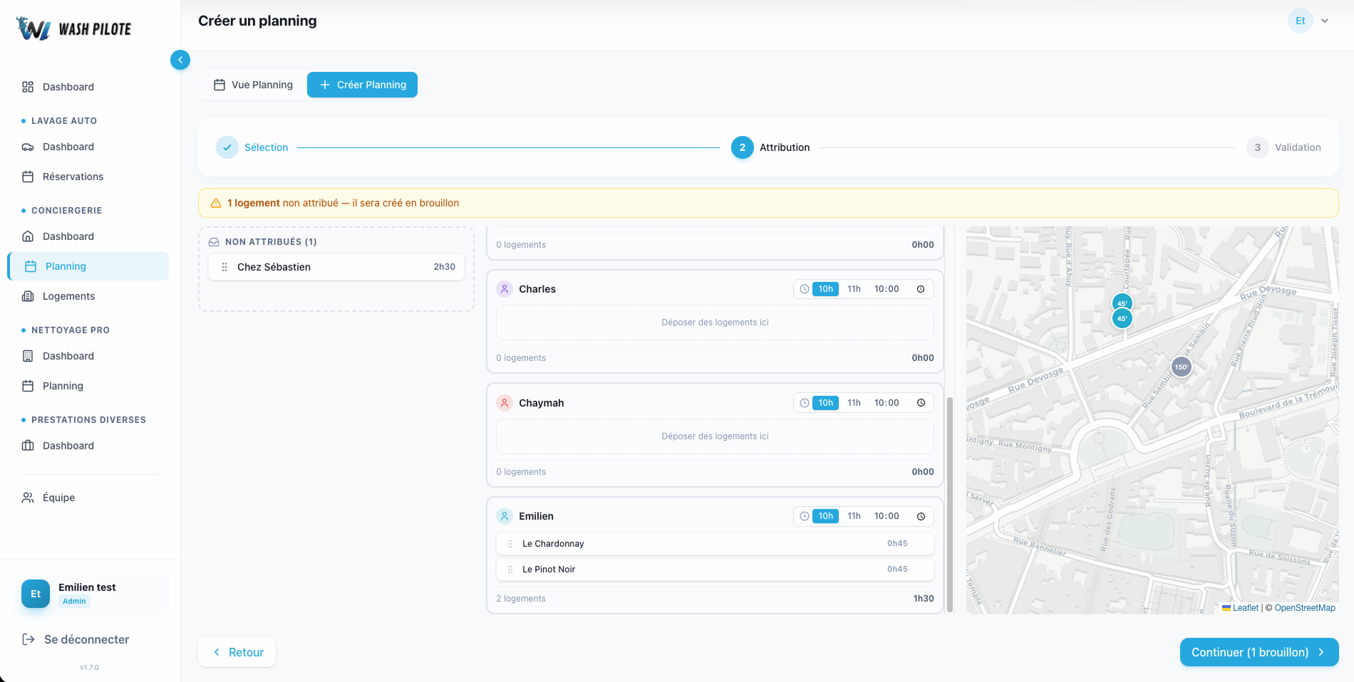 Création de planning Wash Pilote — vue desktop avec carte
