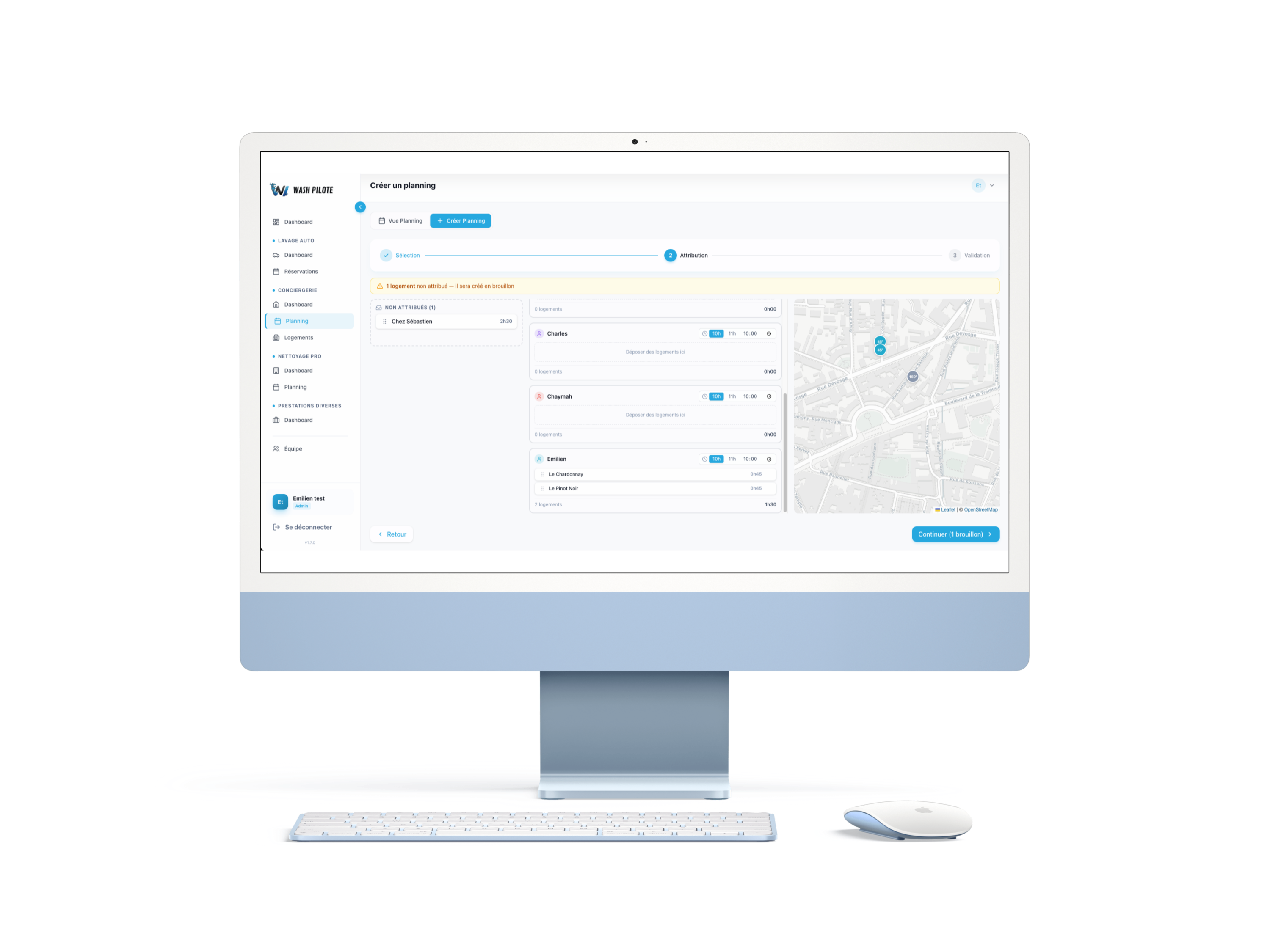 Planning Wash Pilote sur iMac — carte interactive et attribution agents