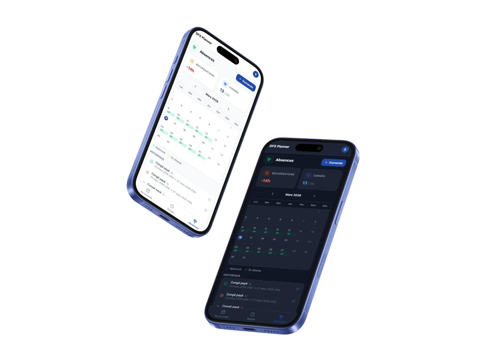 L’app mobile DFS Planner en modes clair et sombre
