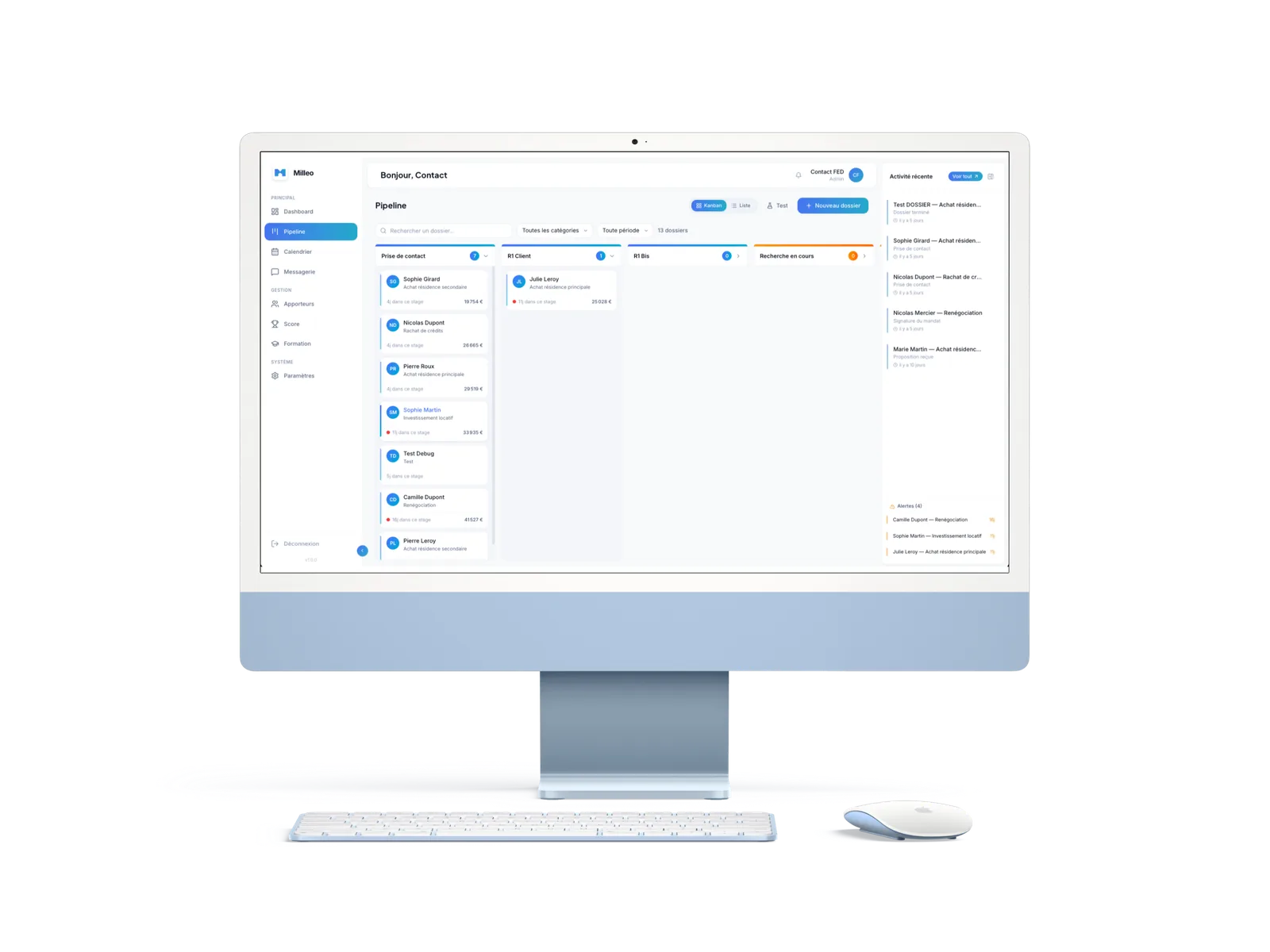 Le pipeline kanban Milleo sur iMac